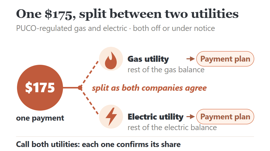 One $175 Special Reconnect Order payment split between a gas and an electric utility as both agree; each balance goes to its own plan.