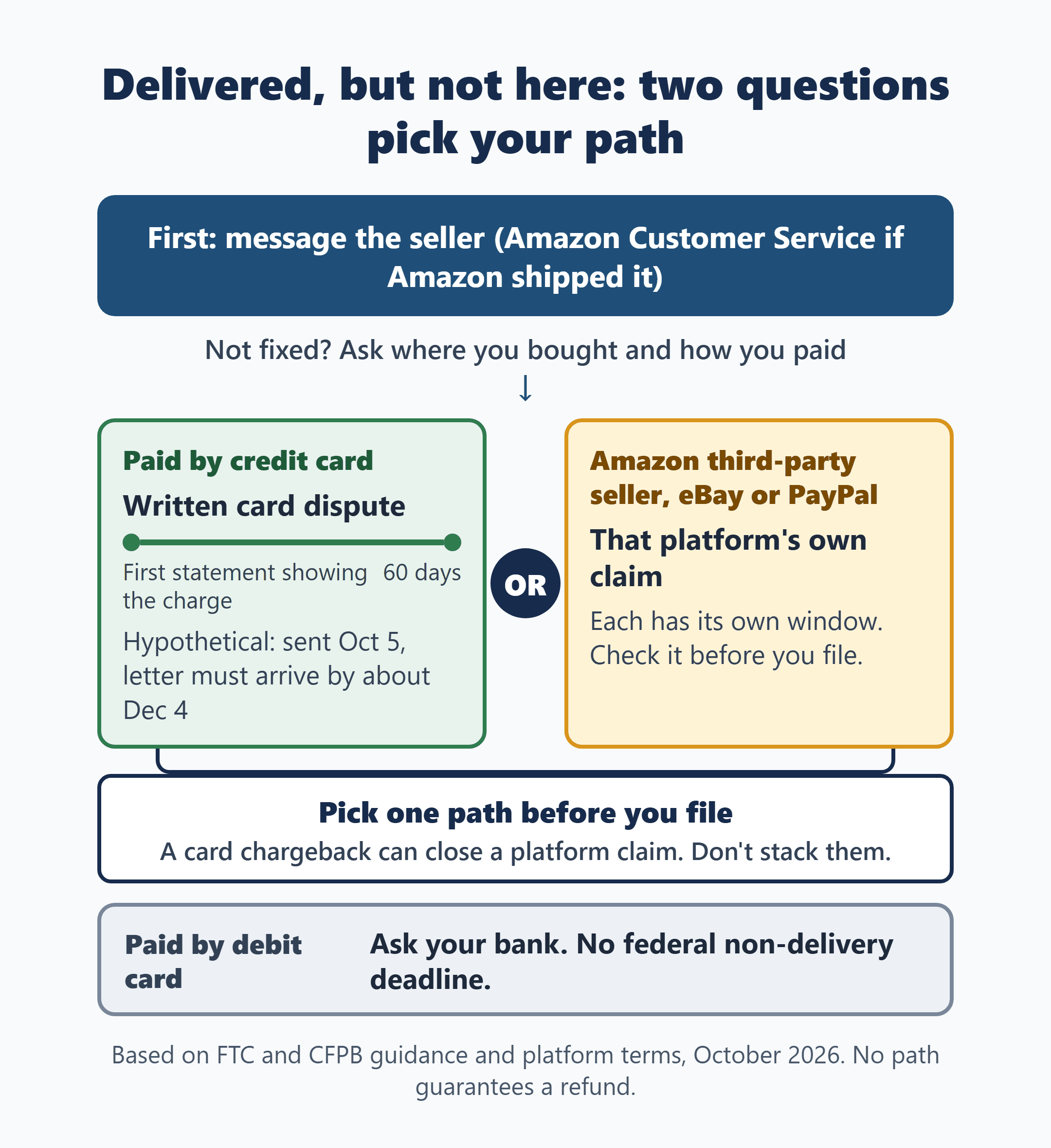 Package marked delivered but not received: ask the seller first, then pick one route, card dispute, platform claim or bank.