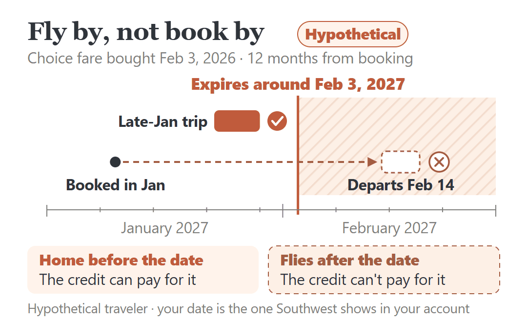 Hypothetical calendar of the fly-by rule: a credit expiring around Feb 3, 2027 covers a late-January trip but not one departing Feb 14, 2027.